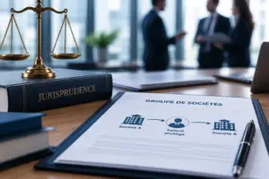 Illustration d’une mobilité intragroupe d’un salarié protégé entre deux sociétés, avec un document juridique et une balance de justice.